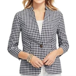 Talbots Wesley Linen Cotton Blend Notched Collar Gingham Blazer Size 2